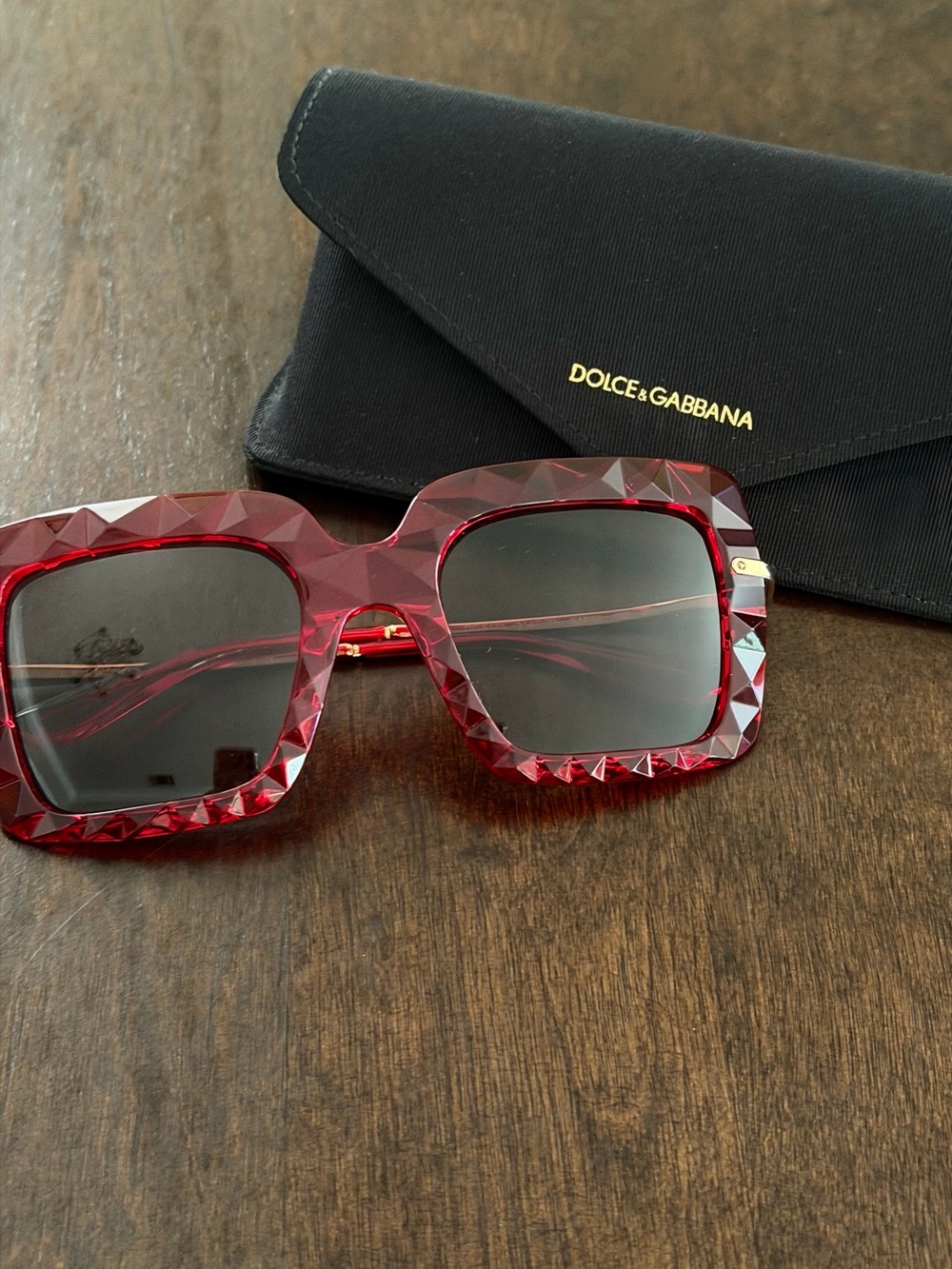 Dolce & Gabbana Women's Red Faceted Square Frame Sunglasses with Dark Lenses